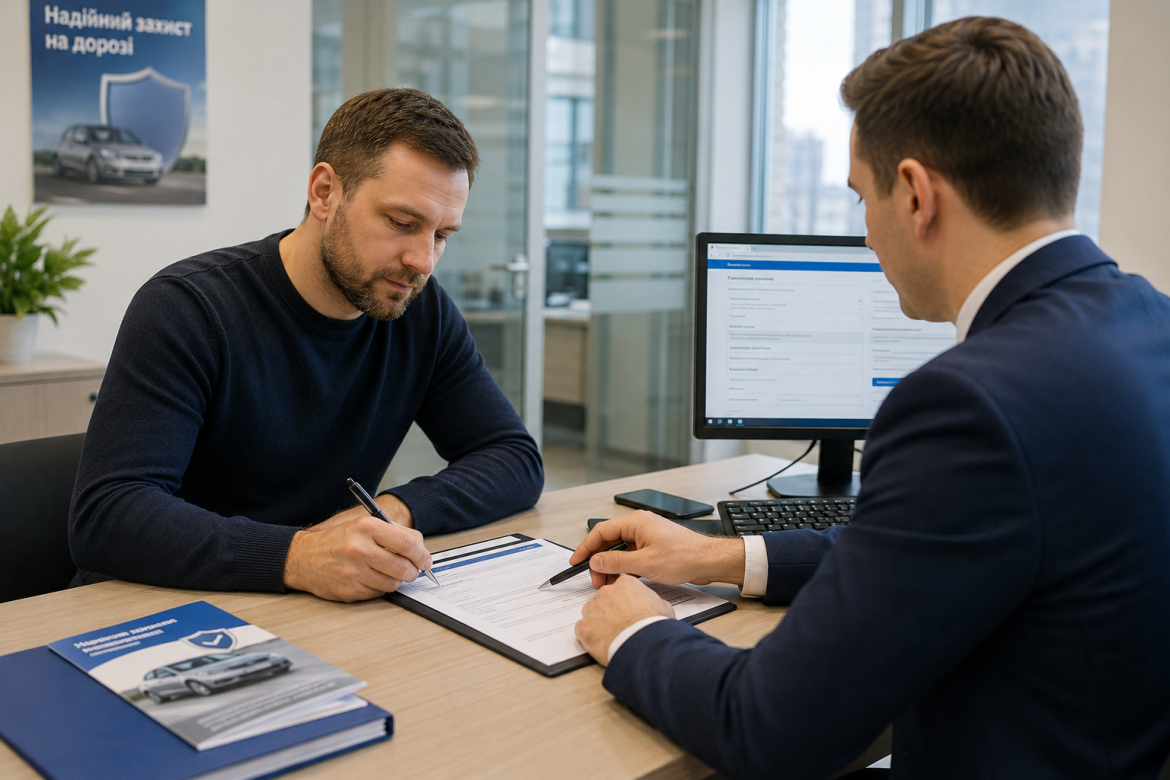 Клієнт підписує поліс обов'язкового страхування цивільно-правової відповідальності в офісі страхової компанії