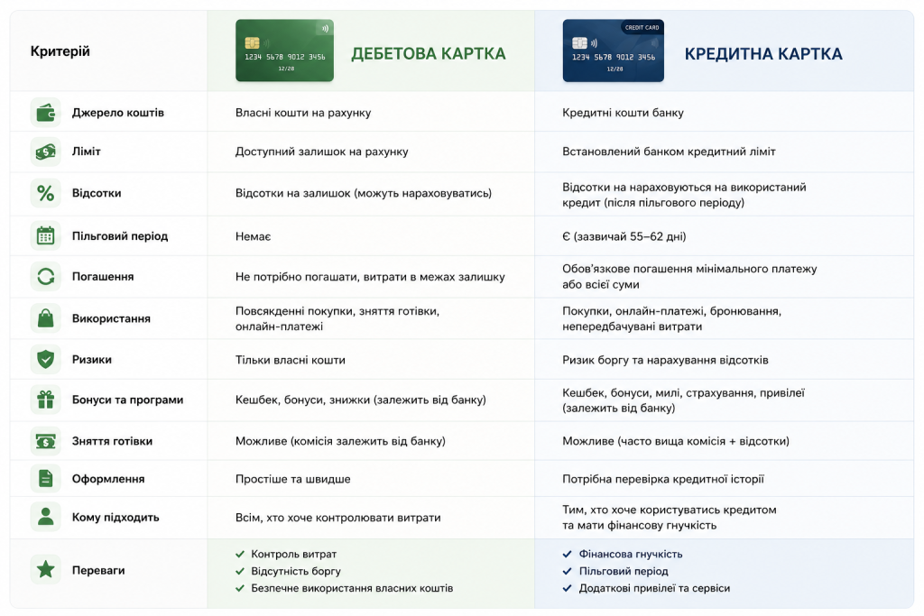 Порівняльна таблиця дебетової та кредитної картки за критеріями: ліміт, відсотки, пільговий період, ризики та переваги