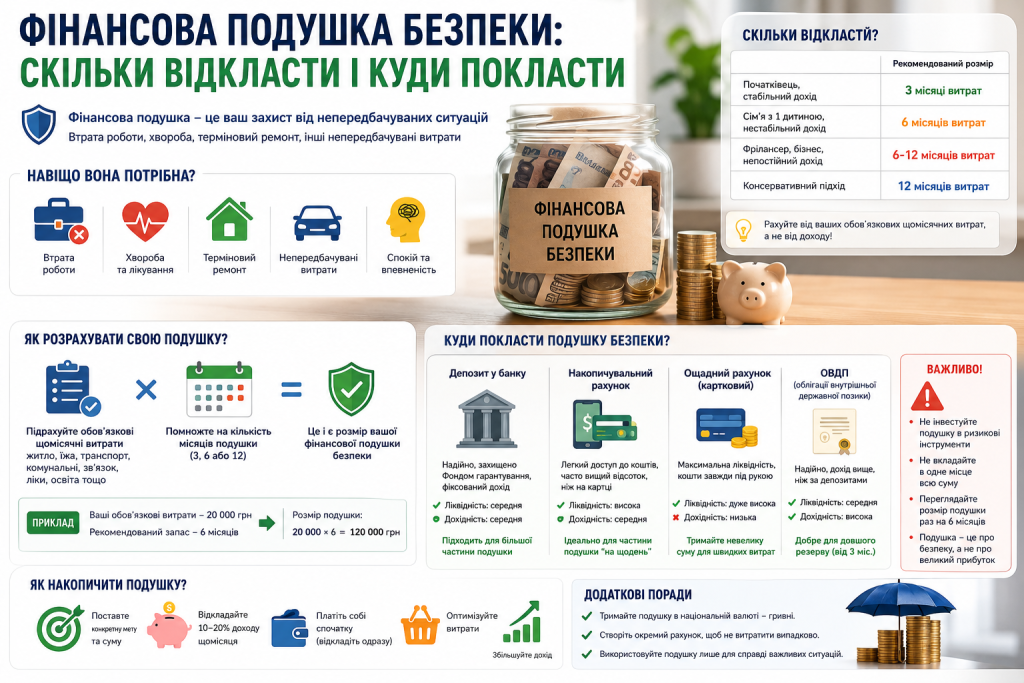 Інфографіка про фінансову подушку безпеки — як розрахувати розмір, куди зберігати (депозит, накопичувальний рахунок, ОВДП), скільки відкладати та додаткові поради