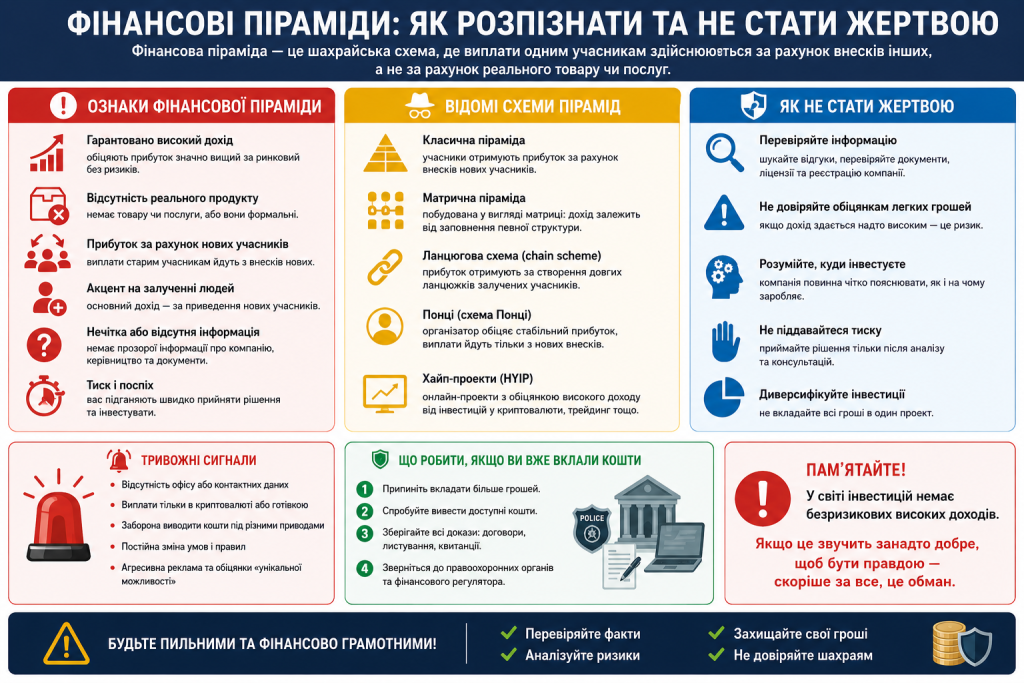 Інфографіка про фінансові піраміди — ознаки схем, відомі типи пірамід, тривожні сигнали, що робити якщо вже вклали гроші та поради як захистити себе