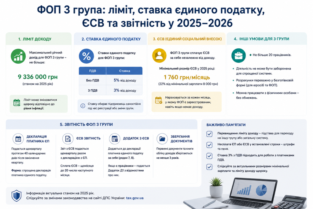 Інфографіка про ФОП 3 групи — ліміт доходу 9 336 000 грн, ставки єдиного податку 3% і 5%, розмір ЄСВ та умови звітності