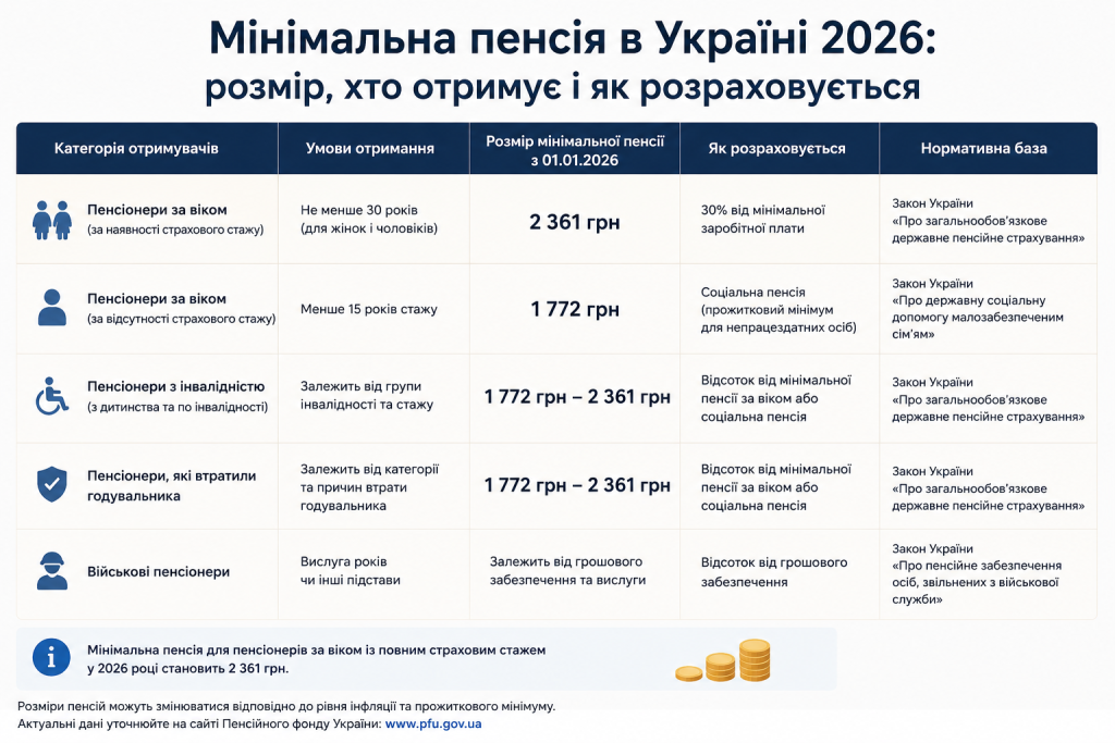 Інфографіка з таблицею розмірів мінімальної пенсії в Україні у 2026 році для різних категорій пенсіонерів
