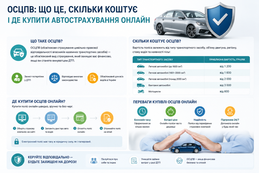 Інфографіка про ОСЦПВ — вартість поліса для різних типів транспортних засобів, покрокова інструкція купівлі онлайн та переваги електронного страхування