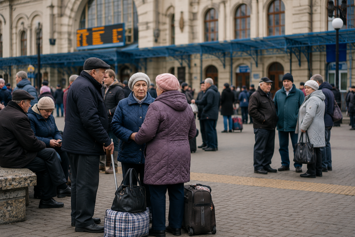 Група пенсіонерів з валізами та сумками біля входу до залізничного вокзалу в українському місті