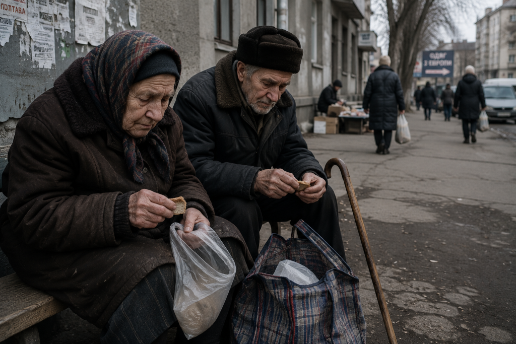 Двоє літніх людей сидять на лавці на вулиці українського міста