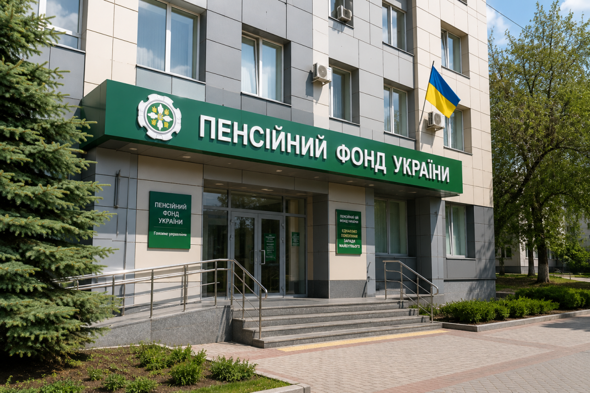Фасад будівлі Пенсійного фонду України з зеленою вивіскою та державним прапором
