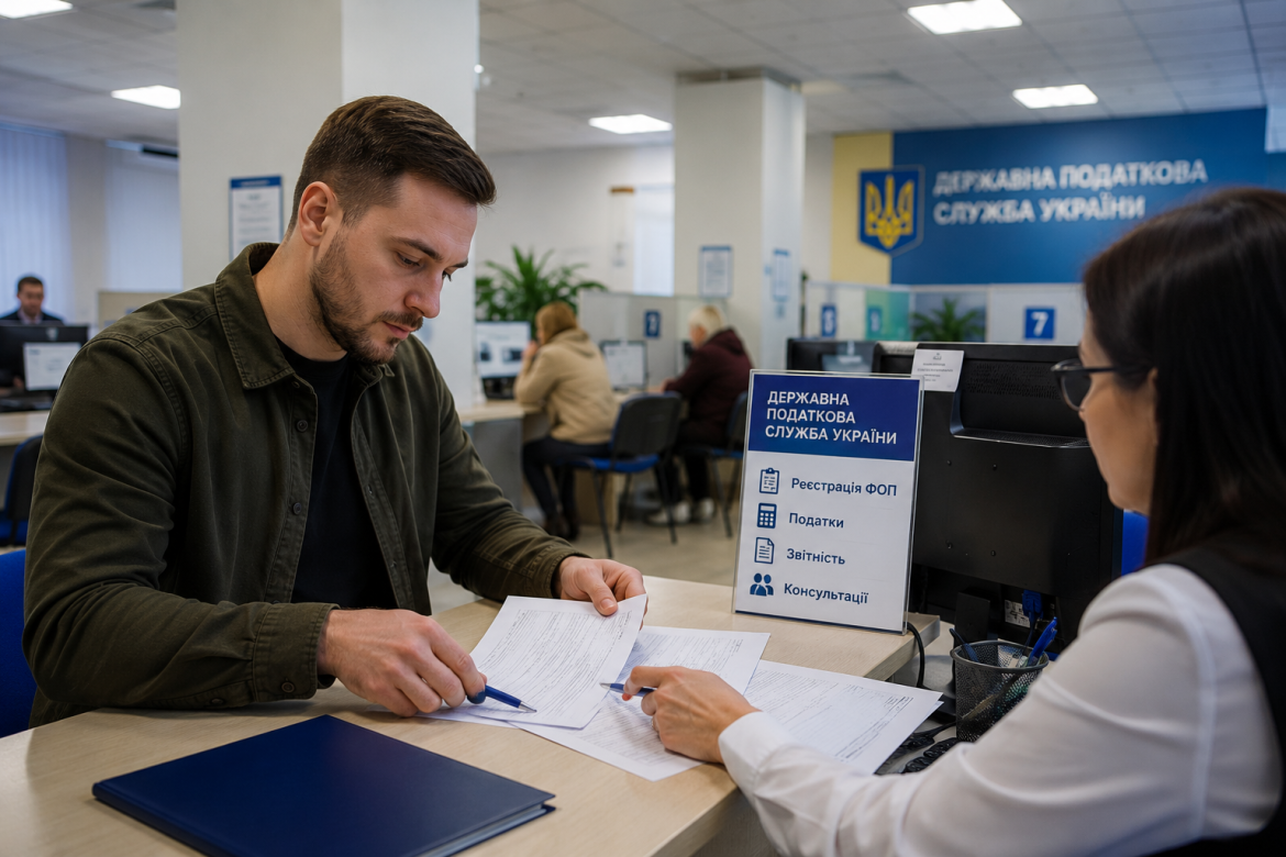 Чоловік підписує документи для реєстрації ФОП за стійкою Державної податкової служби України