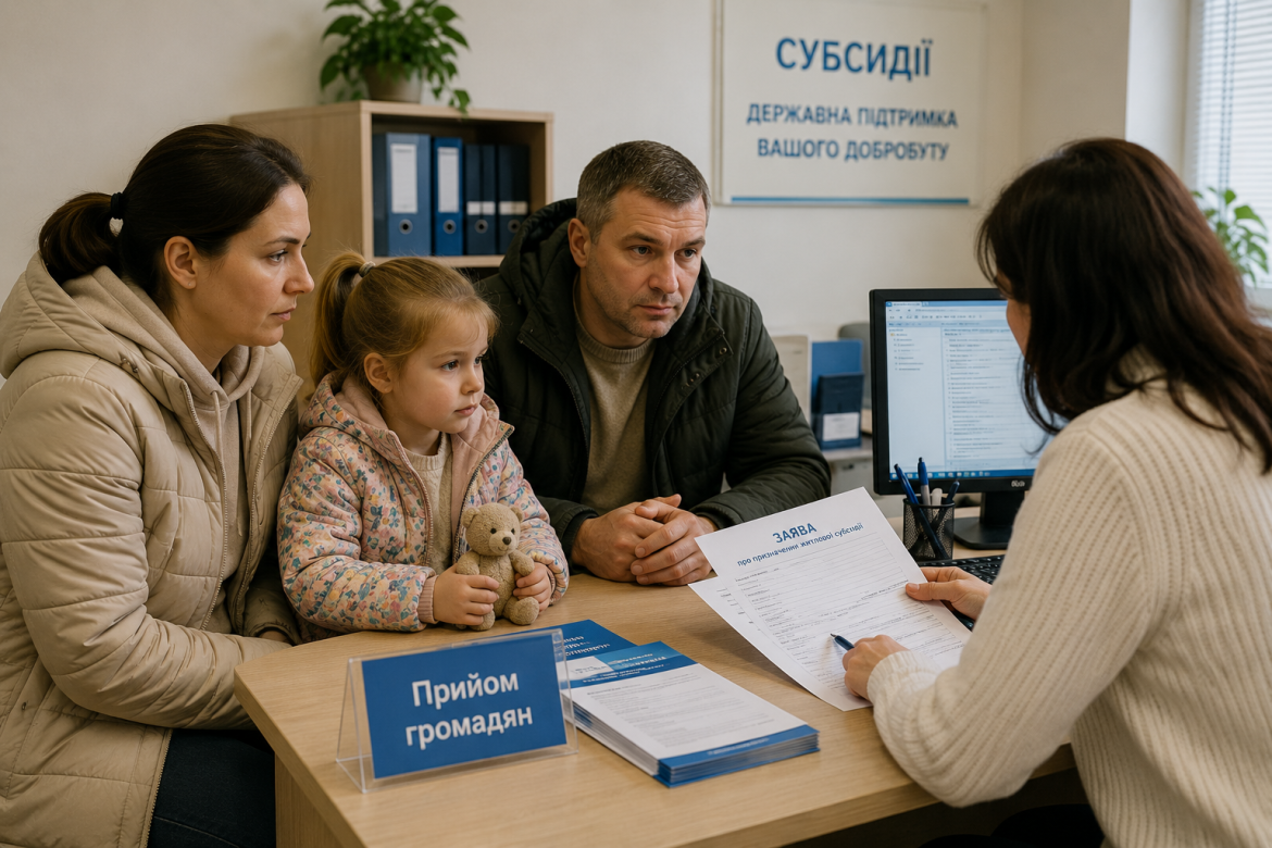 Подружжя з дитиною на прийомі у спеціаліста з субсидій — оформлення заяви на призначення житлової субсидії