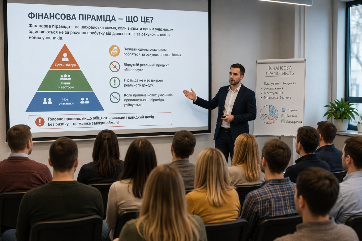 Чоловік у піджаку презентує схему фінансової піраміди на екрані перед аудиторією слухачів, поряд стоїть фліпчарт з основами фінансової грамотності