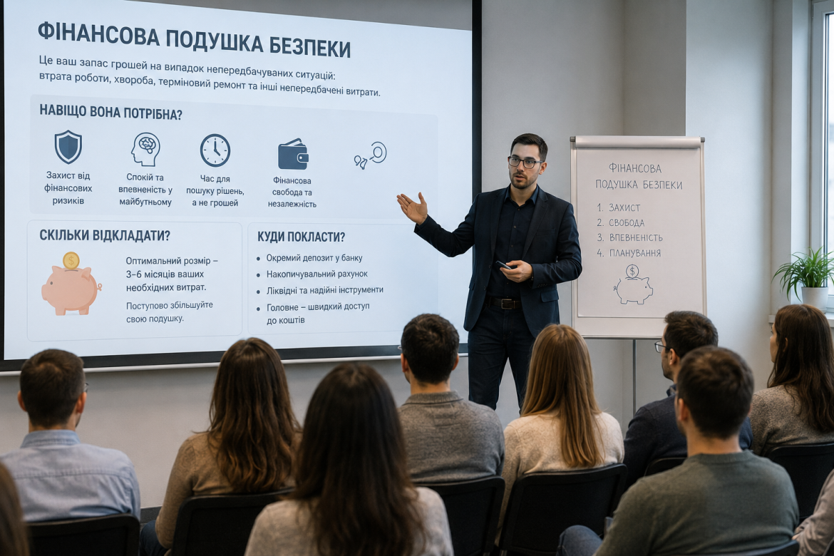 Молодий чоловік в окулярах та піджаку пояснює аудиторії що таке фінансова подушка безпеки, вказуючи на слайд із презентацією та фліпчарт поруч