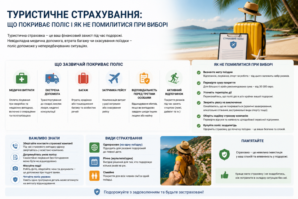 Інфографіка про туристичну страховку — покриття медичних витрат, багажу, затримки рейсу, поради з вибору полісу та види страхування