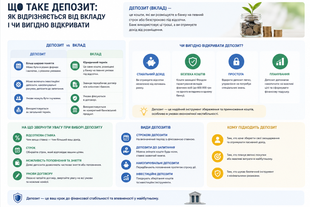 Інфографіка про депозит — порівняння депозиту і вкладу, види депозитів, переваги та на що звернути увагу при виборі