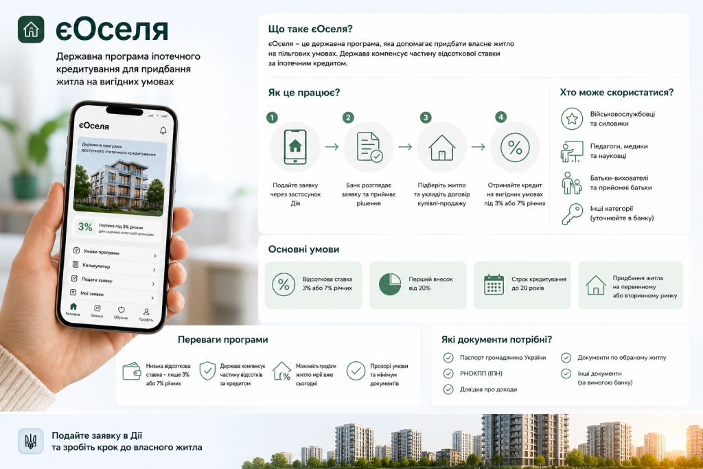 Інфографіка про програму єОселя — умови іпотеки під 3% та 7%, покрокова інструкція подачі заявки через Дію та перелік необхідних документів