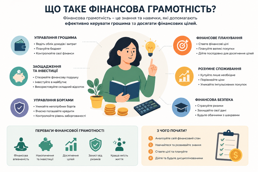 Інфографіка про фінансову грамотність — управління грошима, заощадження, інвестиції, фінансове планування та захист від шахраїв