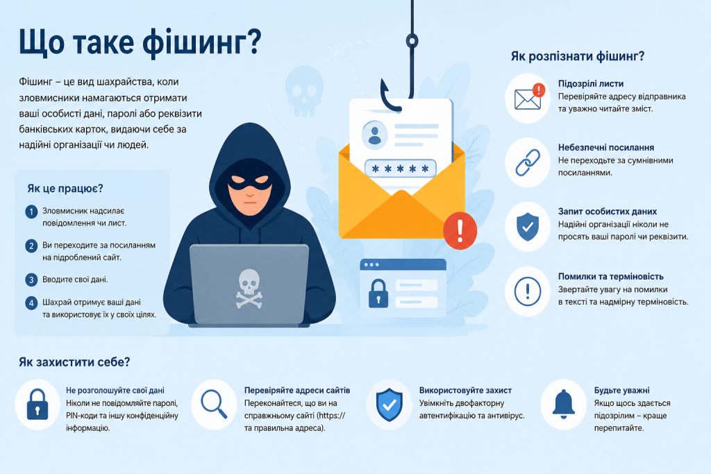 Інфографіка про фішинг — схема роботи шахраїв, ознаки фішингу та поради із захисту особистих даних