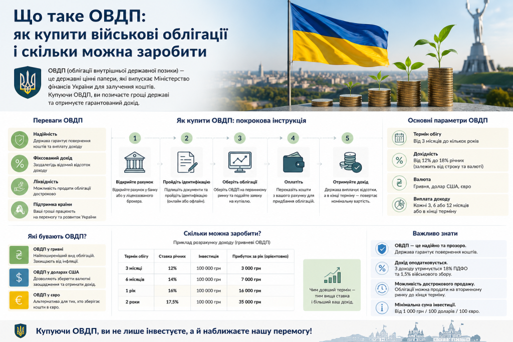 Інфографіка про ОВДП — переваги, покрокова інструкція з купівлі, дохідність та основні параметри облігацій внутрішньої державної позики України