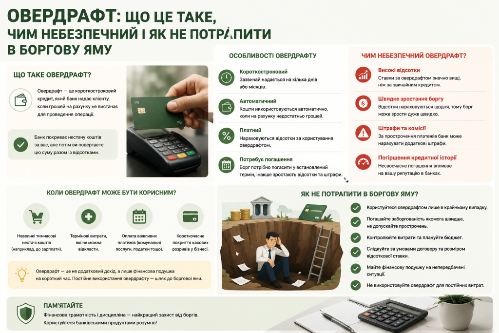 Інфографіка про овердрафт — визначення, особливості, небезпеки та поради як уникнути надмірної заборгованості