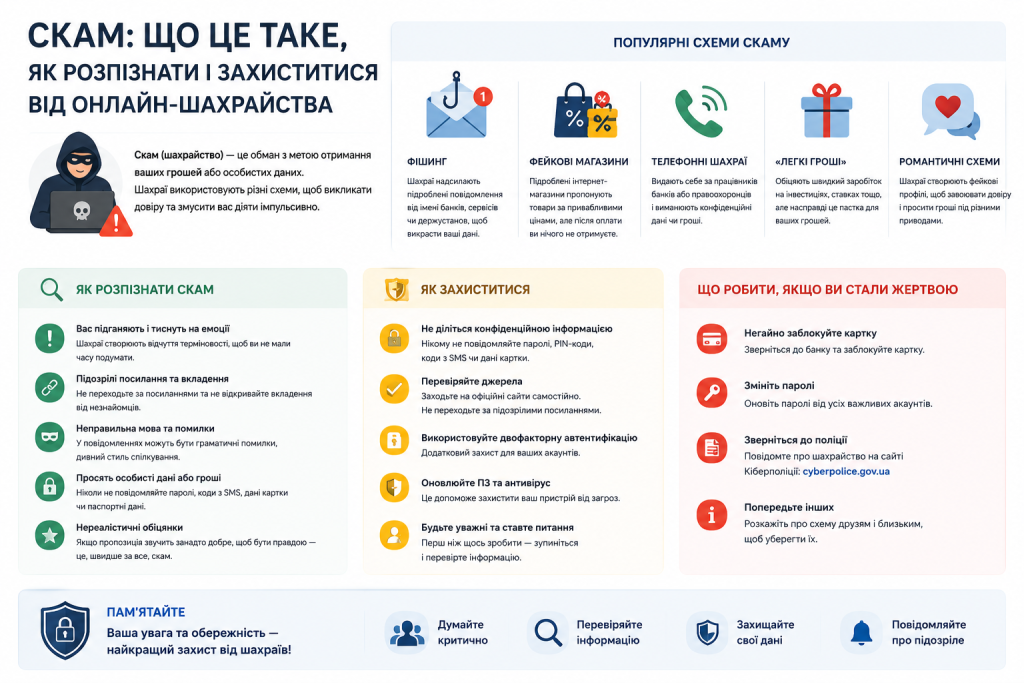 Інфографіка про скам — популярні схеми шахраїв, ознаки обману, способи захисту та дії після того, як стали жертвою