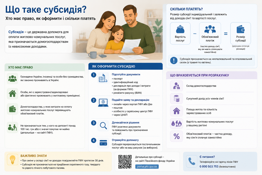Інфографіка про житлову субсидію в Україні — умови отримання, покрокова інструкція оформлення через ПФУ або Дію та розрахунок розміру допомоги
