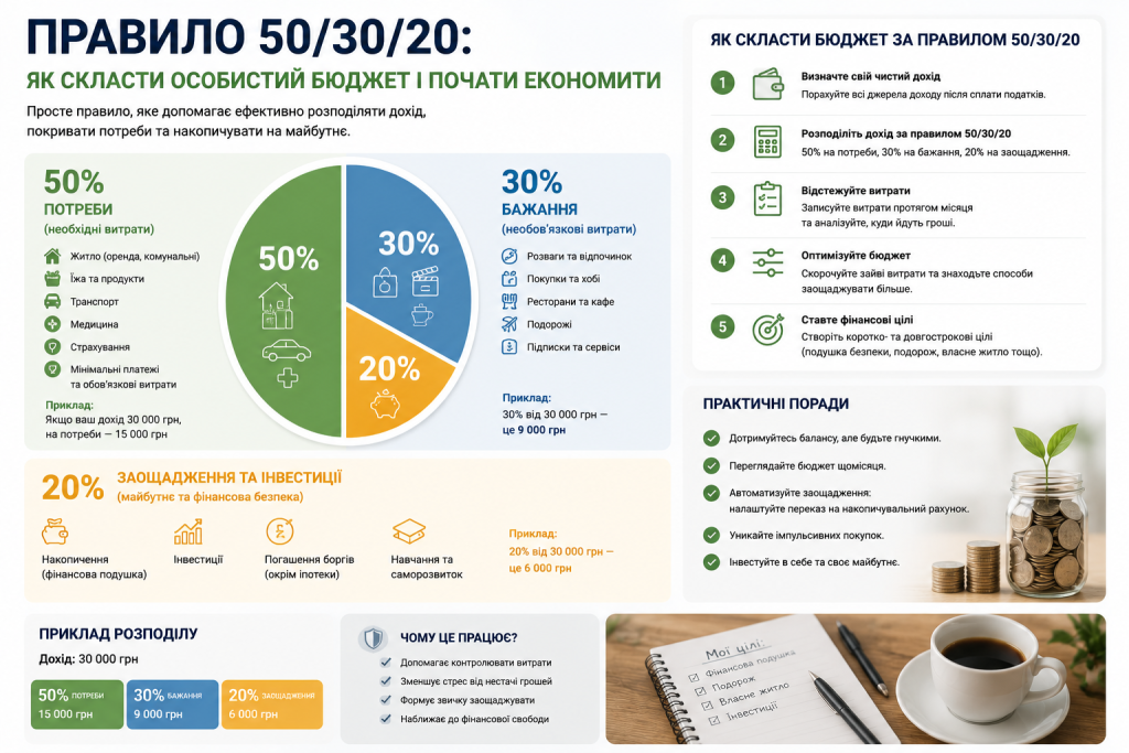 Інфографіка про правило 50/30/20 для планування особистого бюджету — розподіл доходу на потреби, бажання та заощадження