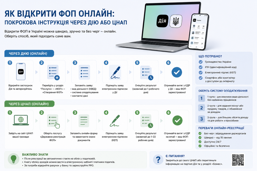 Інфографіка з покроковою інструкцією реєстрації ФОП онлайн через застосунок Дія та портал ЦНАП — документи, системи оподаткування та переваги онлайн-реєстрації