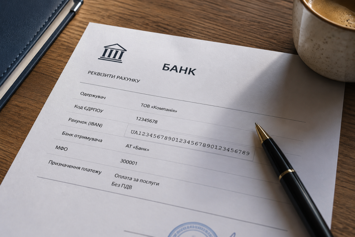 Банківський документ із реквізитами рахунку, де вказано IBAN у форматі UA та інші платіжні дані