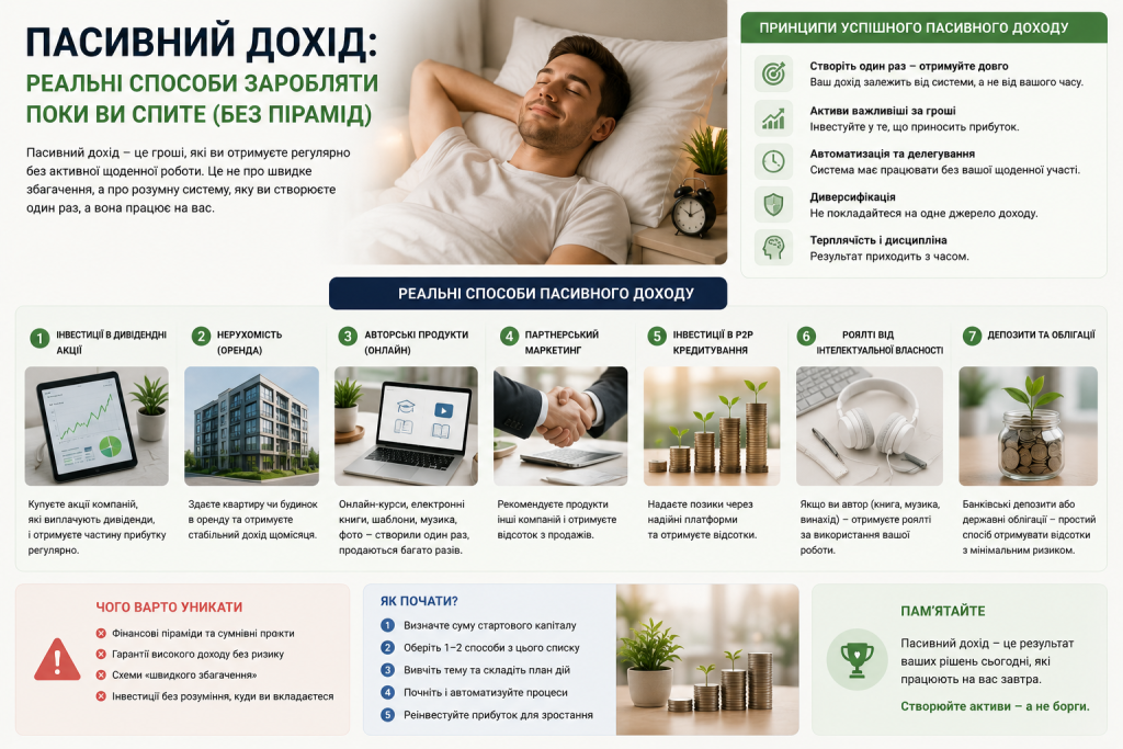 Інфографіка про пасивний дохід — 7 реальних способів заробітку від інвестицій та нерухомості до авторських продуктів і депозитів