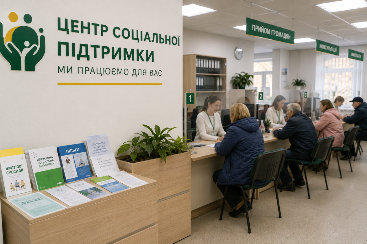 Відвідувачі отримують консультації у центрі соціальної підтримки. Фото демонструє роботу установи, де оформлюють соціальні виплати, субсидії та державну допомогу.