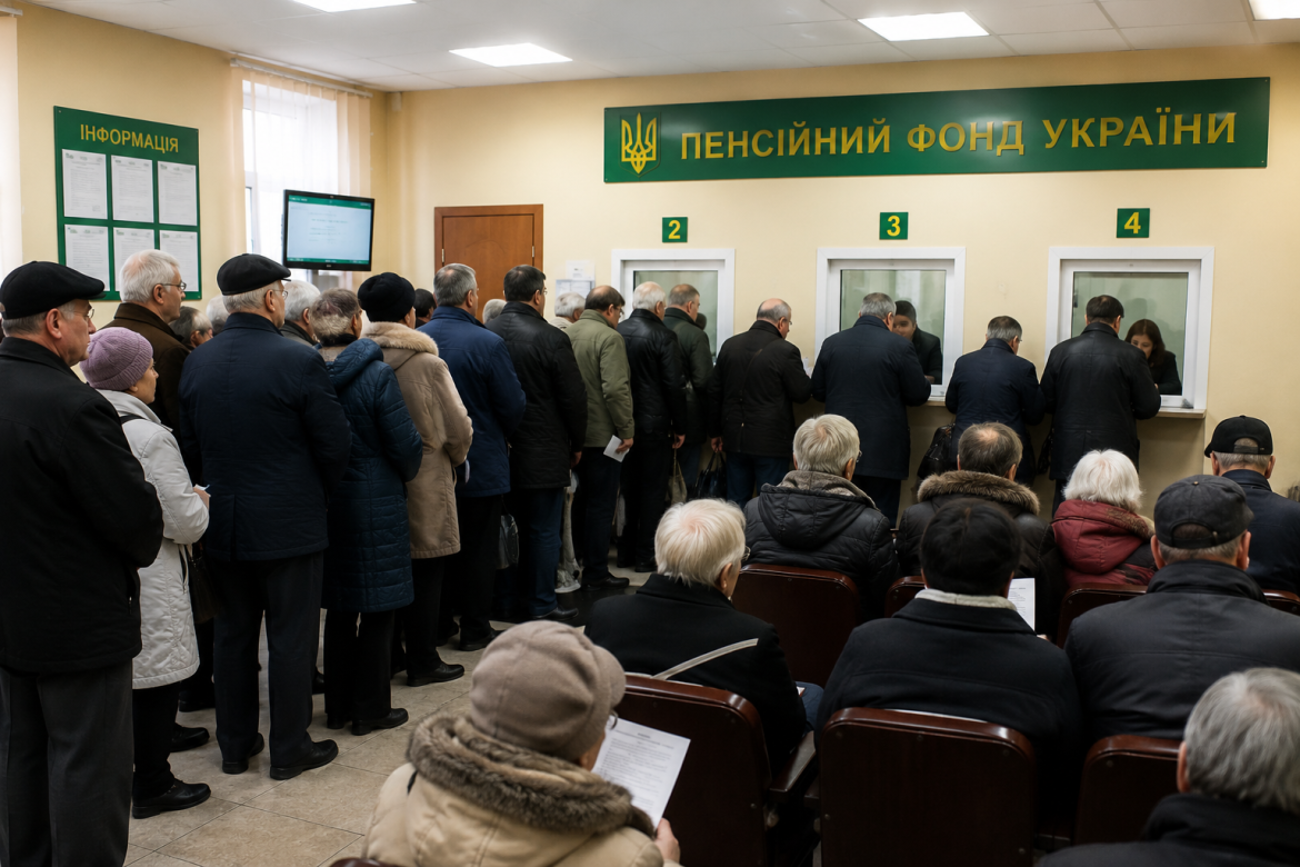 Люди похилого віку стоять у черзі до віконець Пенсійного фонду України