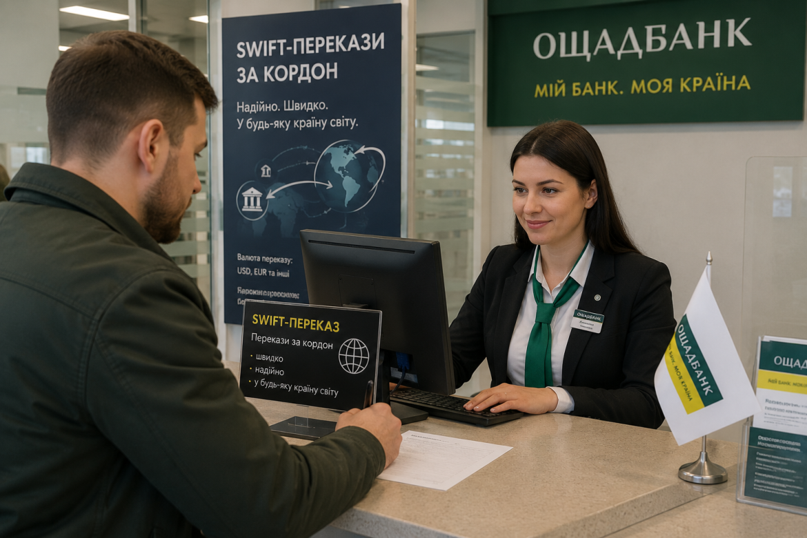 Чоловік оформлює SWIFT-переказ грошей за кордон у відділенні Ощадбанку