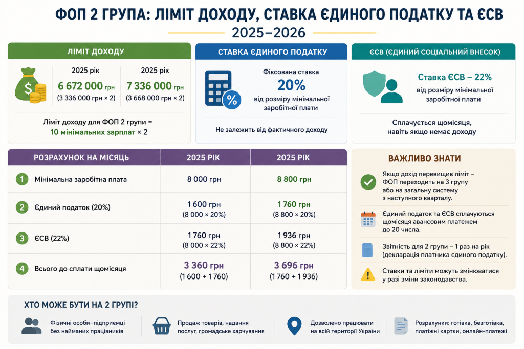 Інфографіка про ліміт доходу, ставку єдиного податку та ЄСВ для ФОП 2 групи 2025-2026