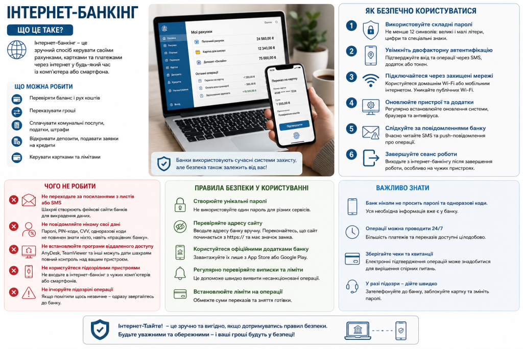 Інфографіка про інтернет-банкінг з основними функціями, правилами безпеки та порадами для захисту банківських рахунків.