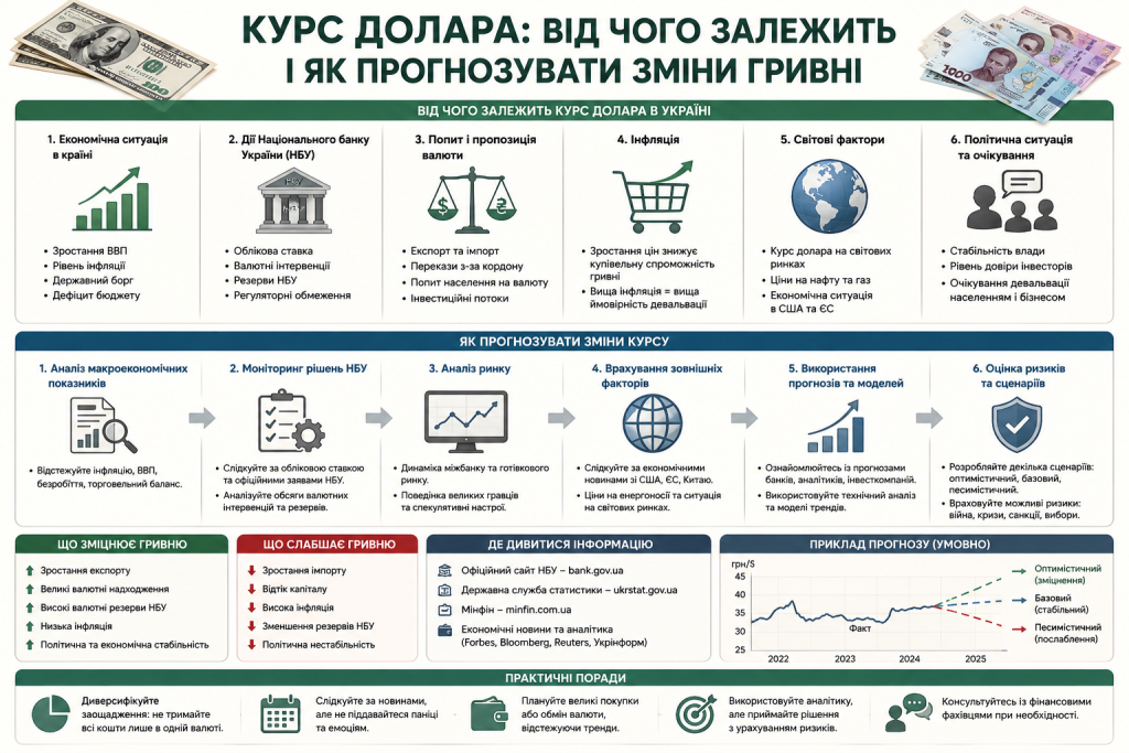 Інфографіка про фактори впливу на курс долара та методи прогнозування гривні