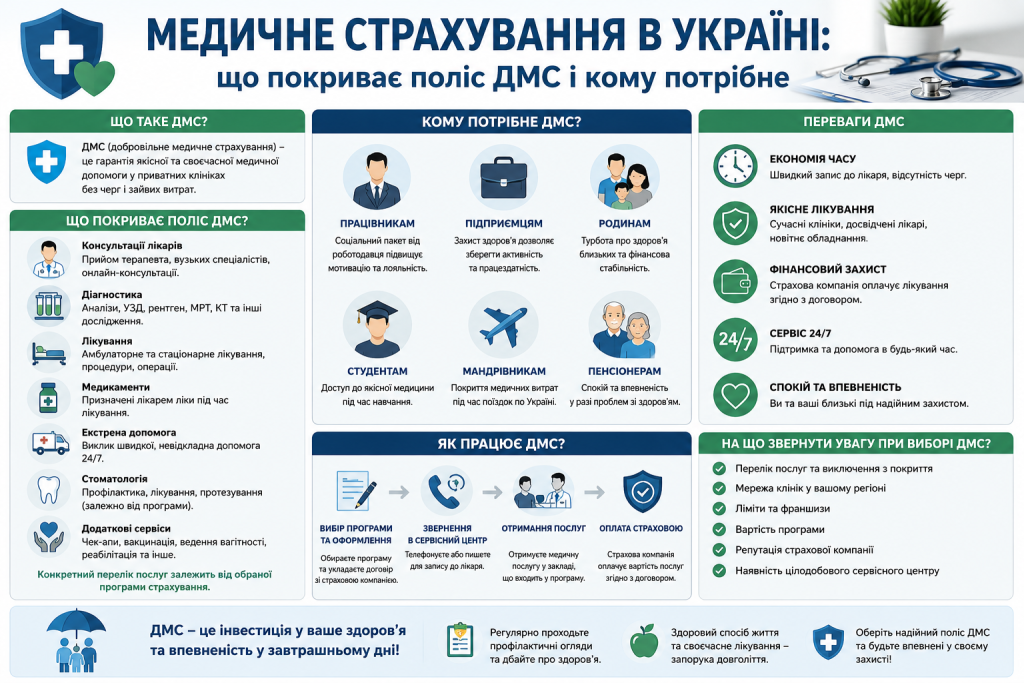 Інфографіка про переваги та покриття добровільного медичного страхування в Україні
