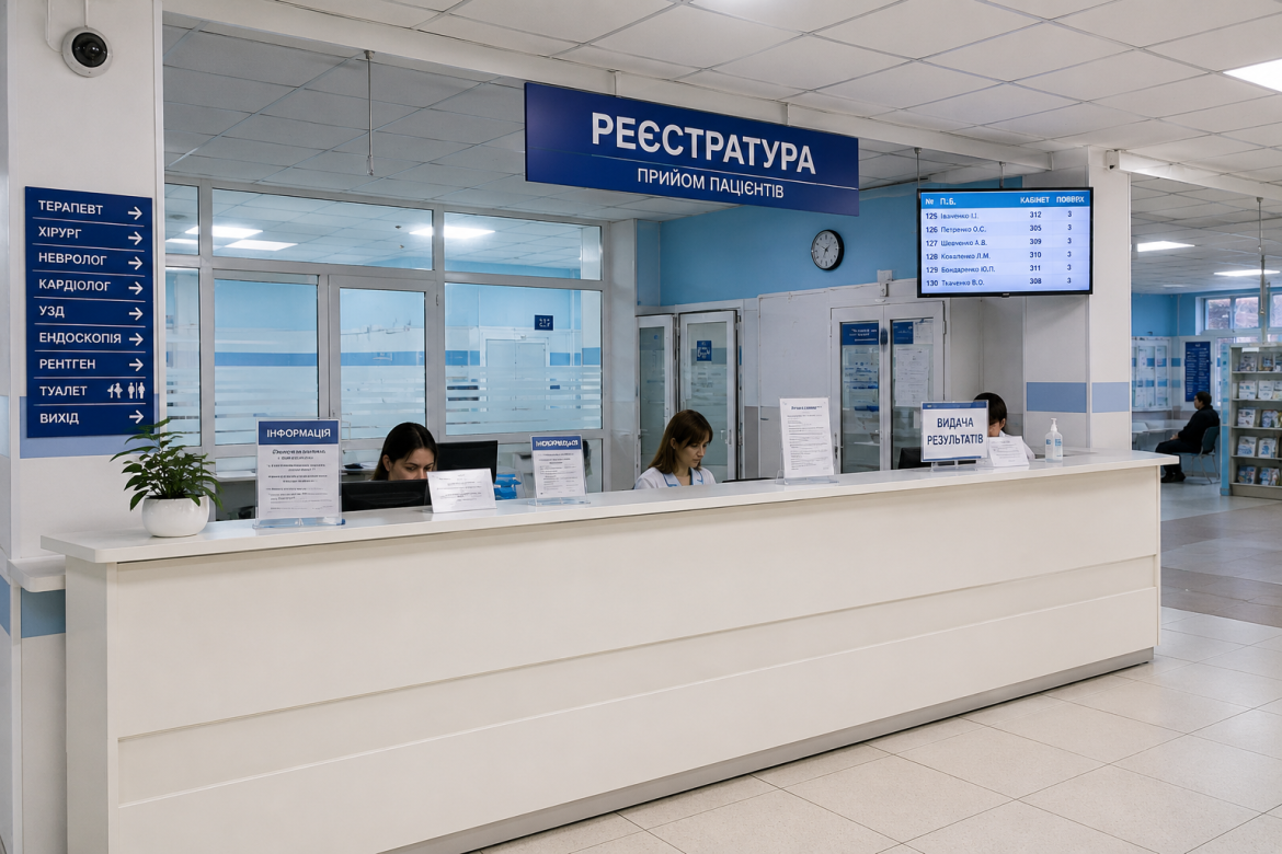 Стійка реєстратури в лікарні з інформаційним табло та вказівниками кабінетів