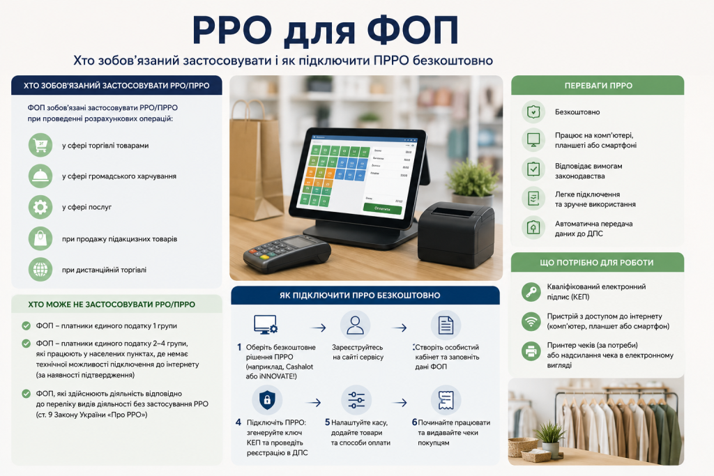 Інфографіка про РРО та ПРРО для ФОП із переліком вимог, переваг і етапів підключення.