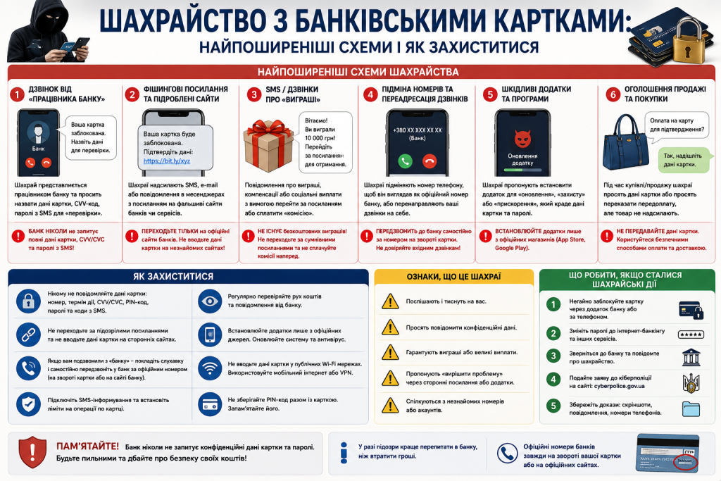 Інфографіка про популярні види шахрайства з банківськими картками, ознаки обману, способи захисту персональних даних і рекомендації, що робити у разі шахрайських дій.