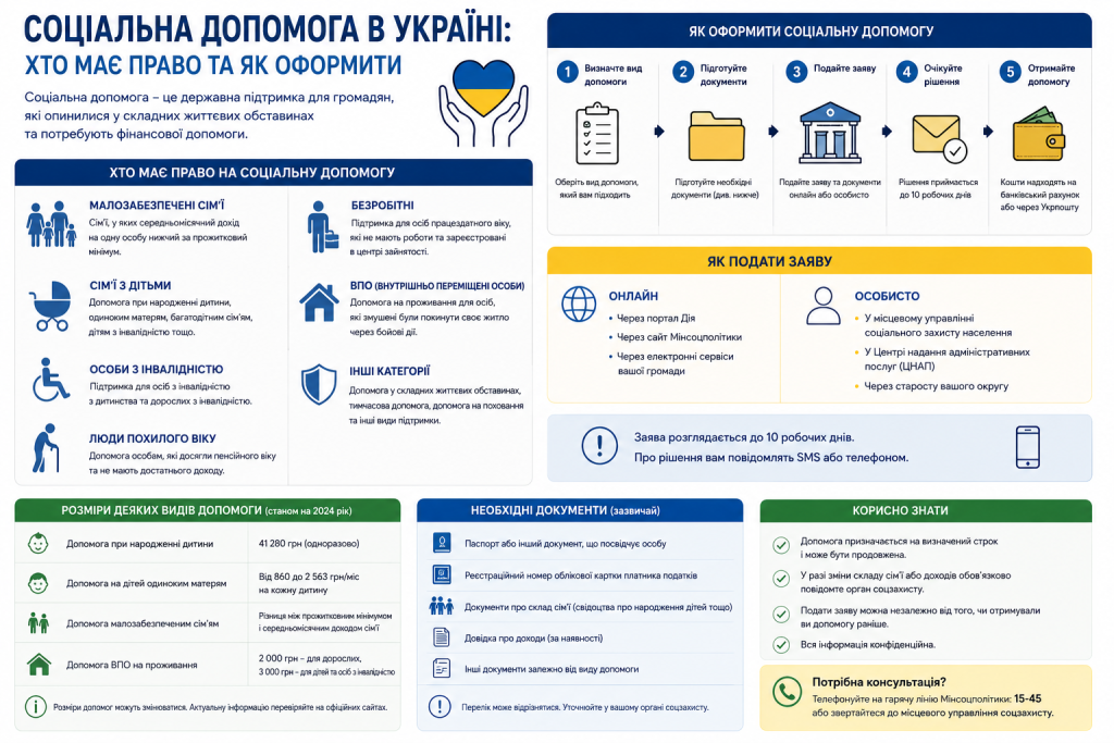 Інфографіка про види соціальної допомоги в Україні, категорії отримувачів, необхідні документи, порядок подання заяви та основні етапи оформлення державної підтримки.