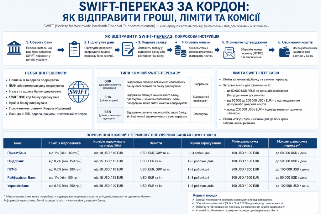 Інфографіка з інструкцією SWIFT-переказу, лімітами та порівнянням комісій банків України