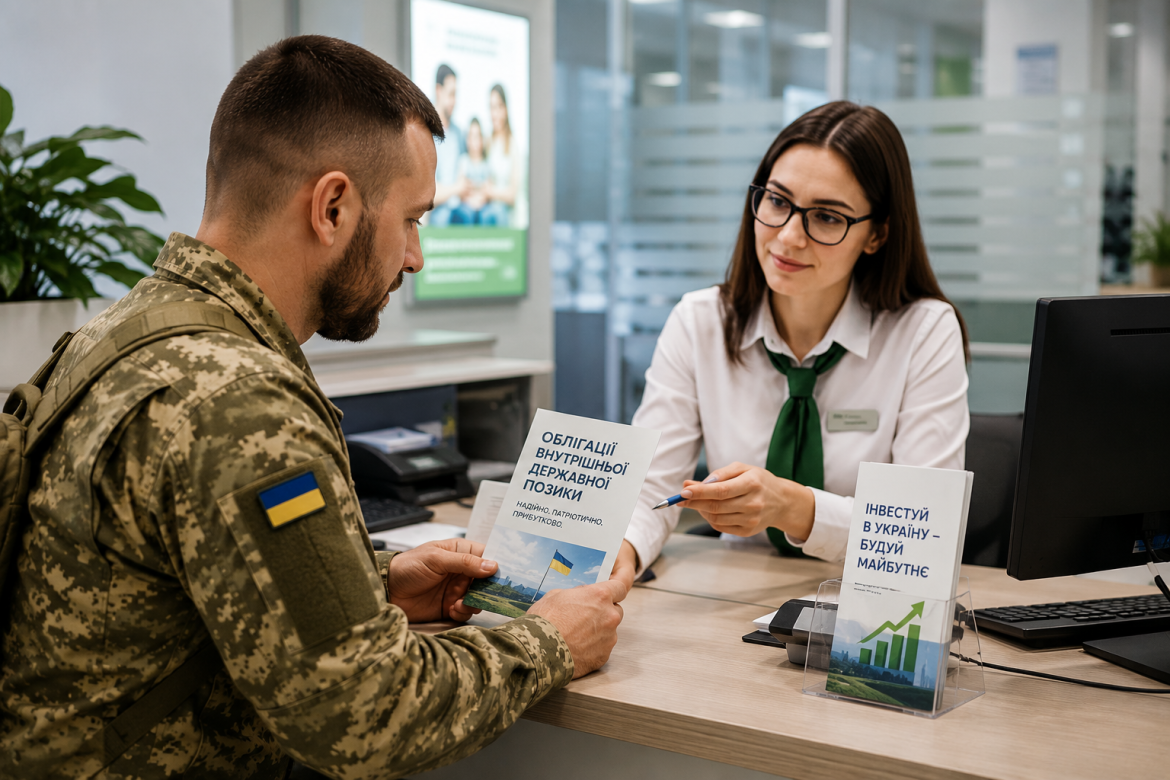 Український військовий отримує консультацію щодо купівлі облігацій внутрішньої державної позики у банку.