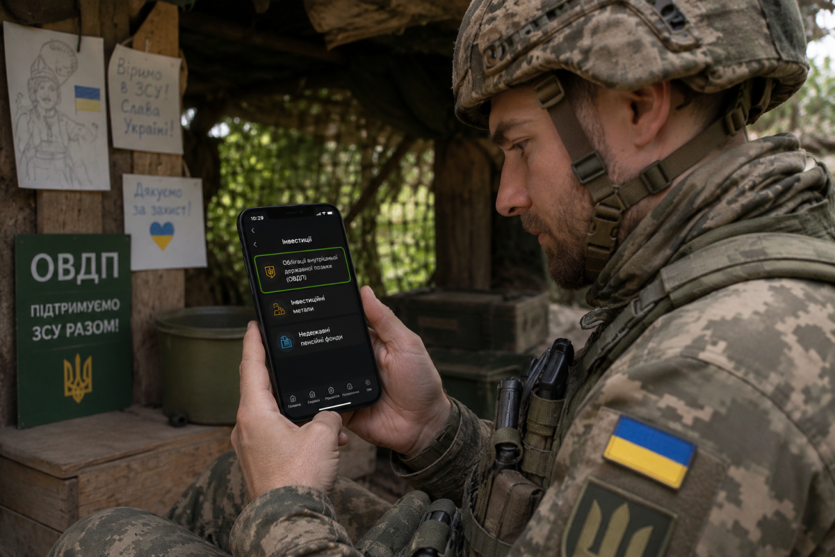 Військовослужбовець ЗСУ купує облігації ОВДП через мобільний застосунок банку