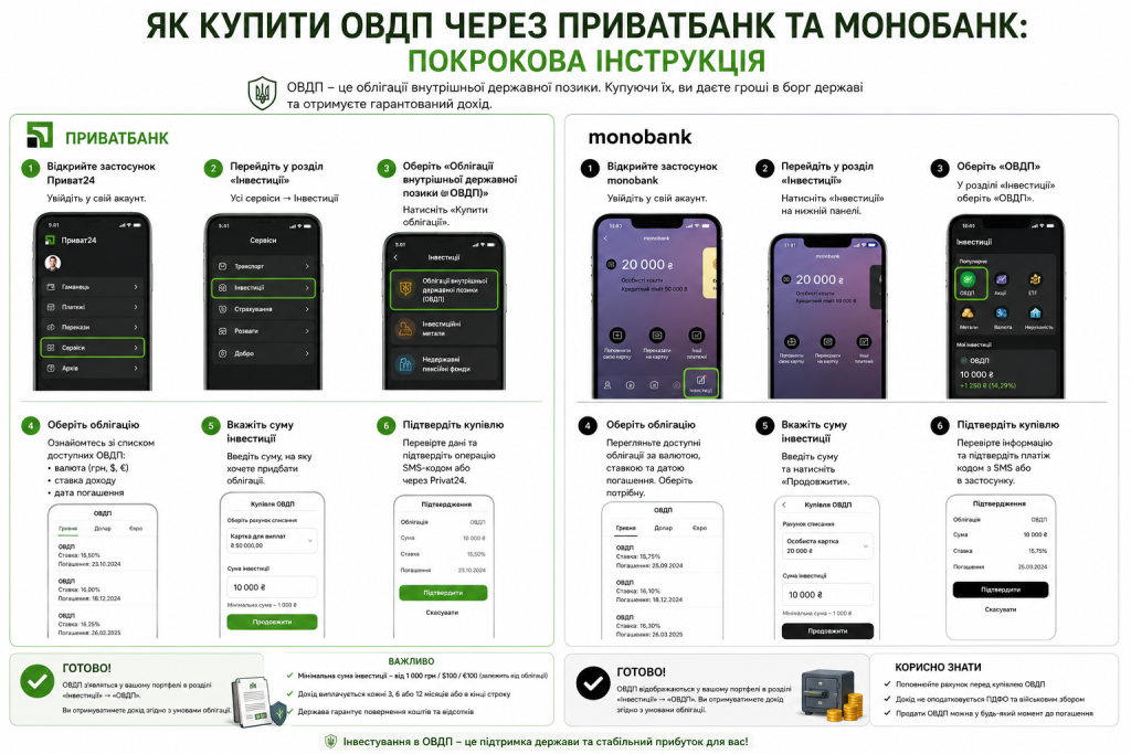 Покрокова інструкція з купівлі ОВДП у застосунках ПриватБанку та monobank