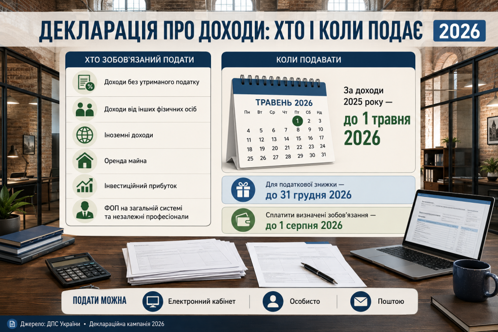 Інфографіка про те, хто повинен подавати декларацію про доходи у 2026 році, строки подання та способи оформлення