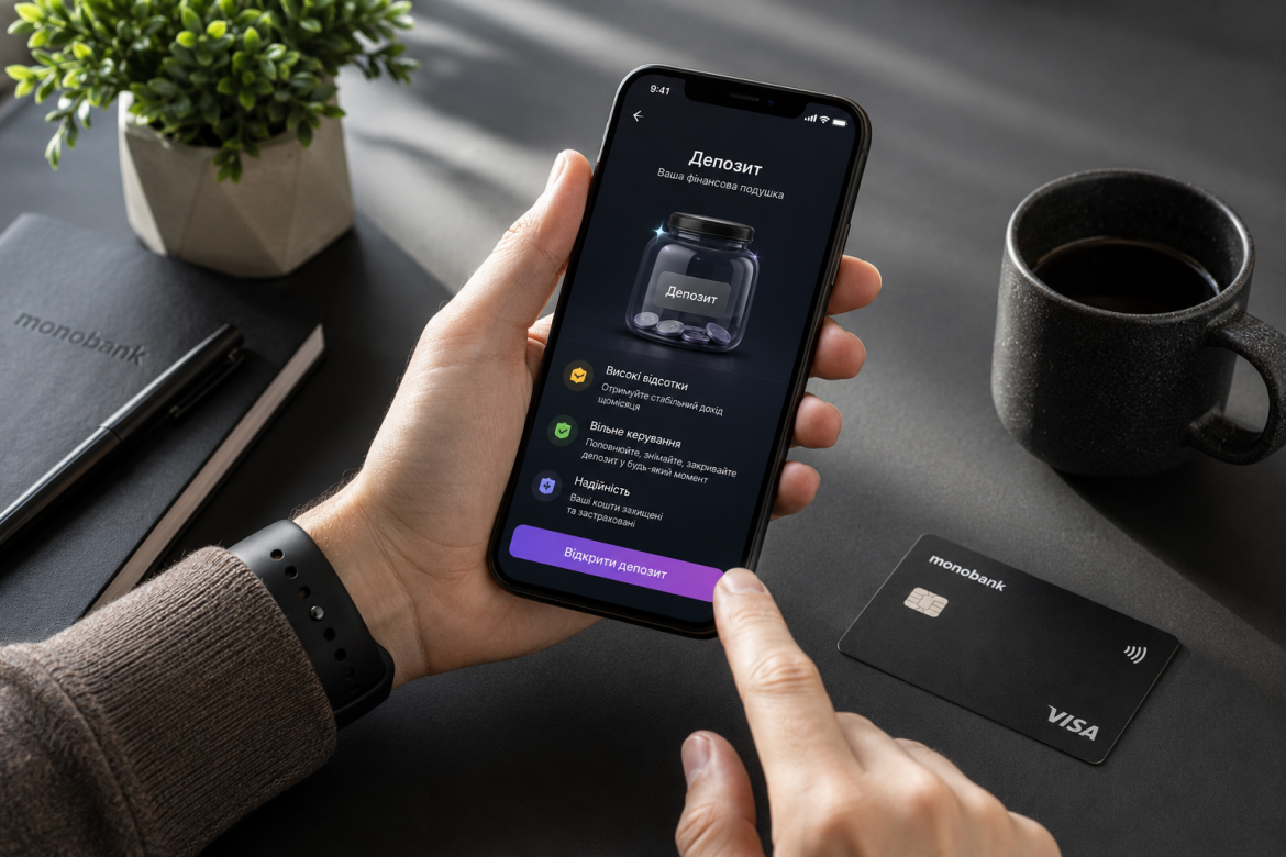 Людина відкриває депозит у мобільному застосунку monobank на смартфоні, поруч банківська картка та блокнот.