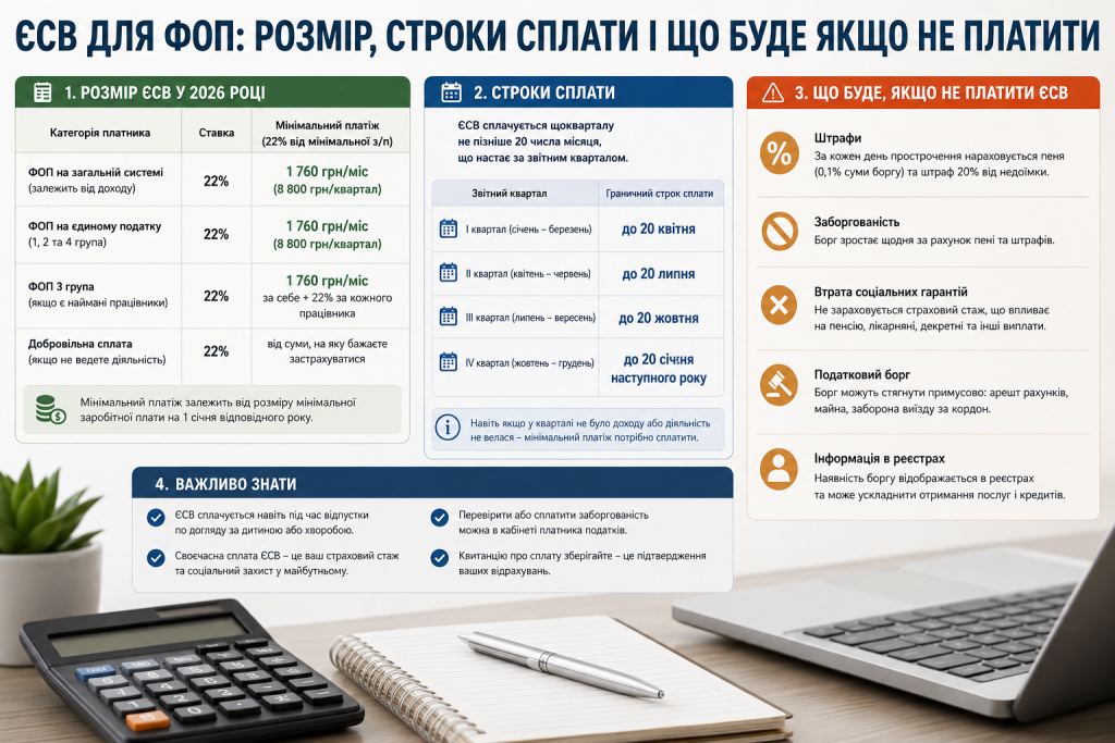 Інфографіка про ЄСВ для ФОП у 2026 році, розмір внеску, строки сплати та наслідки несплати.