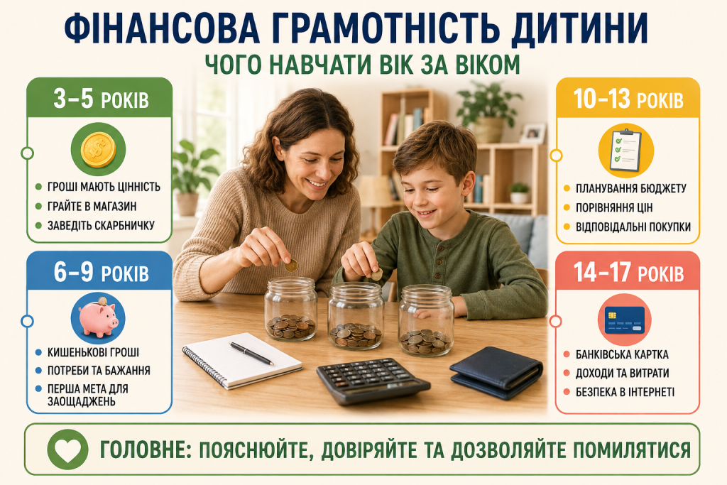 Інфографіка про фінансову грамотність дітей від 3 до 17 років із порадами щодо грошей, бюджету та заощаджень