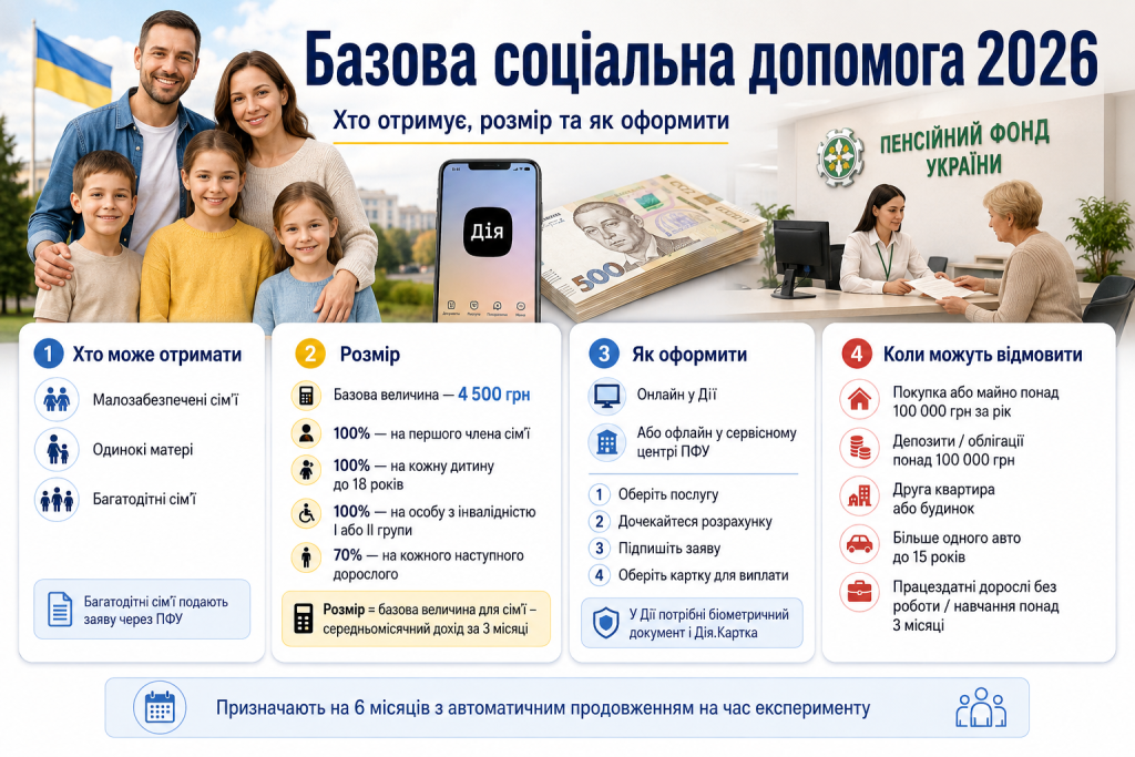 Інфографіка про базову соціальну допомогу 2026 в Україні, розмір виплат, оформлення та умови отримання