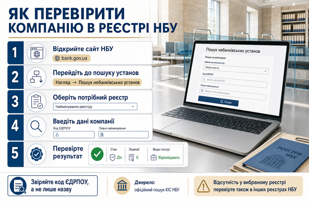 Покрокова інфографіка про перевірку компанії в офіційних реєстрах Національного банку України за кодом ЄДРПОУ