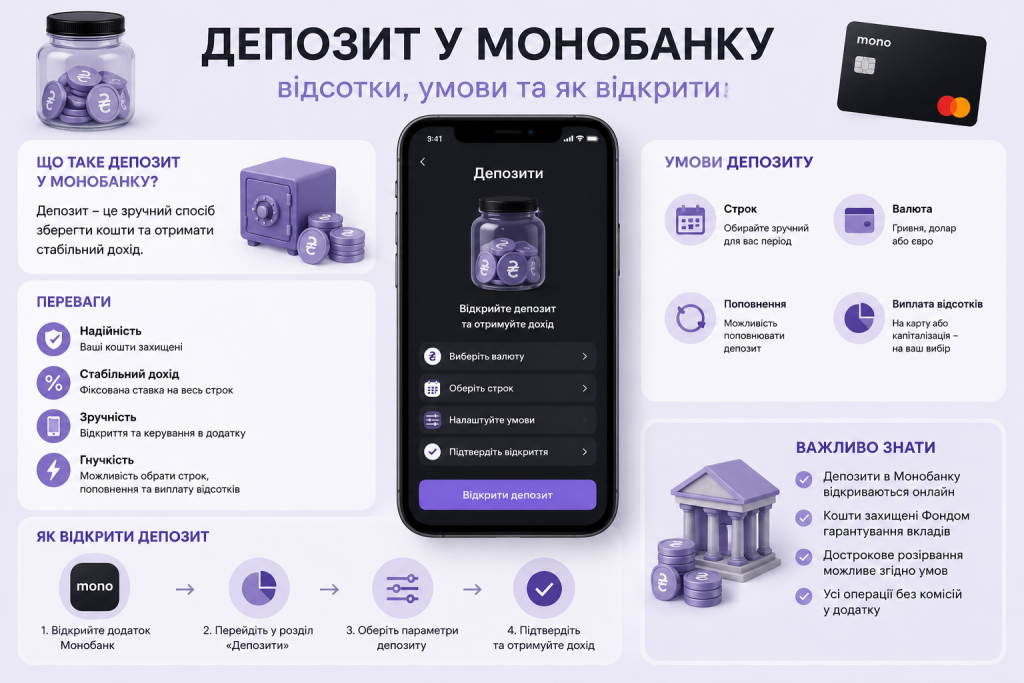 Інфографіка про депозит у monobank, його переваги, умови, порядок відкриття та керування через застосунок.