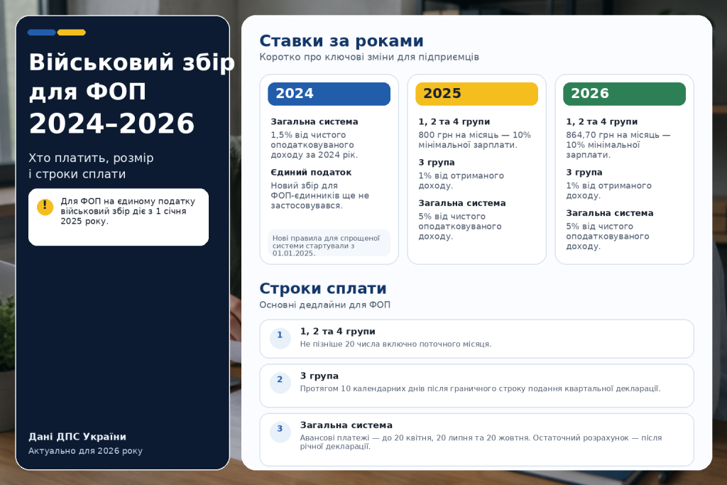 Інфографіка про військовий збір для ФОП у 2024, 2025 і 2026 роках, ставки та строки сплати